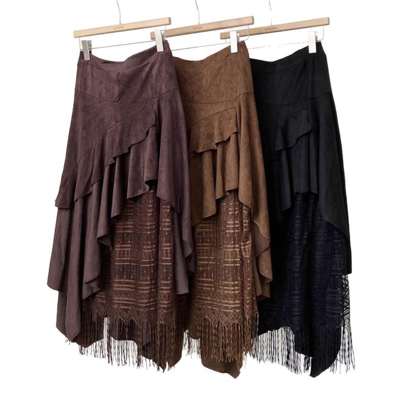 Lace splicing high waist cover slim mid-length skirt women's autumn new Korean version of versatile a-word skirt