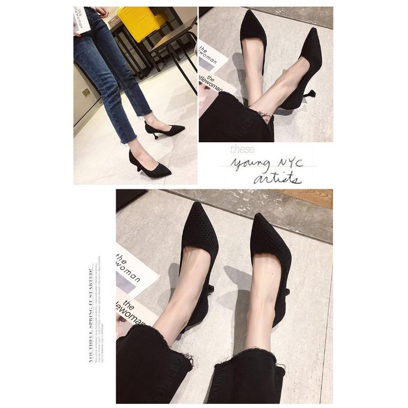 Damen High-Heel Stiletto Einzelne Schuhe Frühling und Herbst Neu Stretch Gestrickt Flach Vier-Jahreszeiten Schuhe