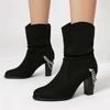 Fashion Pleated Mid-calf Boots For Women Shoes Block Heeled Chain Ankle Boots Casual Women's Autumn Winter Shoes Black Leopard Size35-48