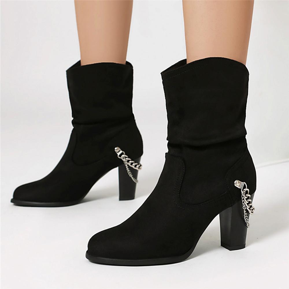 Fashion Pleated Mid-calf Boots For Women Shoes Block Heeled Chain Ankle Boots Casual Women's Autumn Winter Shoes Black Leopard Size35-48