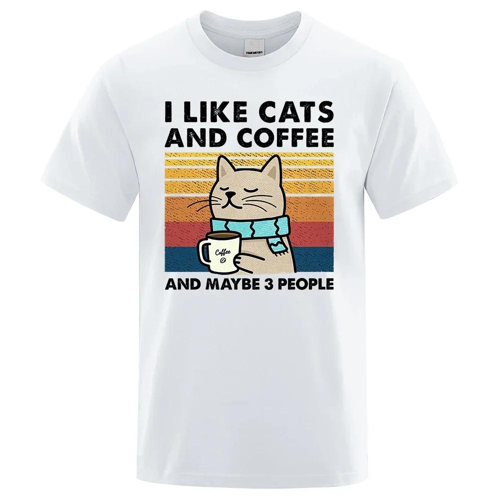 I Like Cats And Coffee Street Funny T-Shirt For Men Fashion Casual Loose Cotton Clothing Crewneck Breathable Tshirt Hip Hop Tees