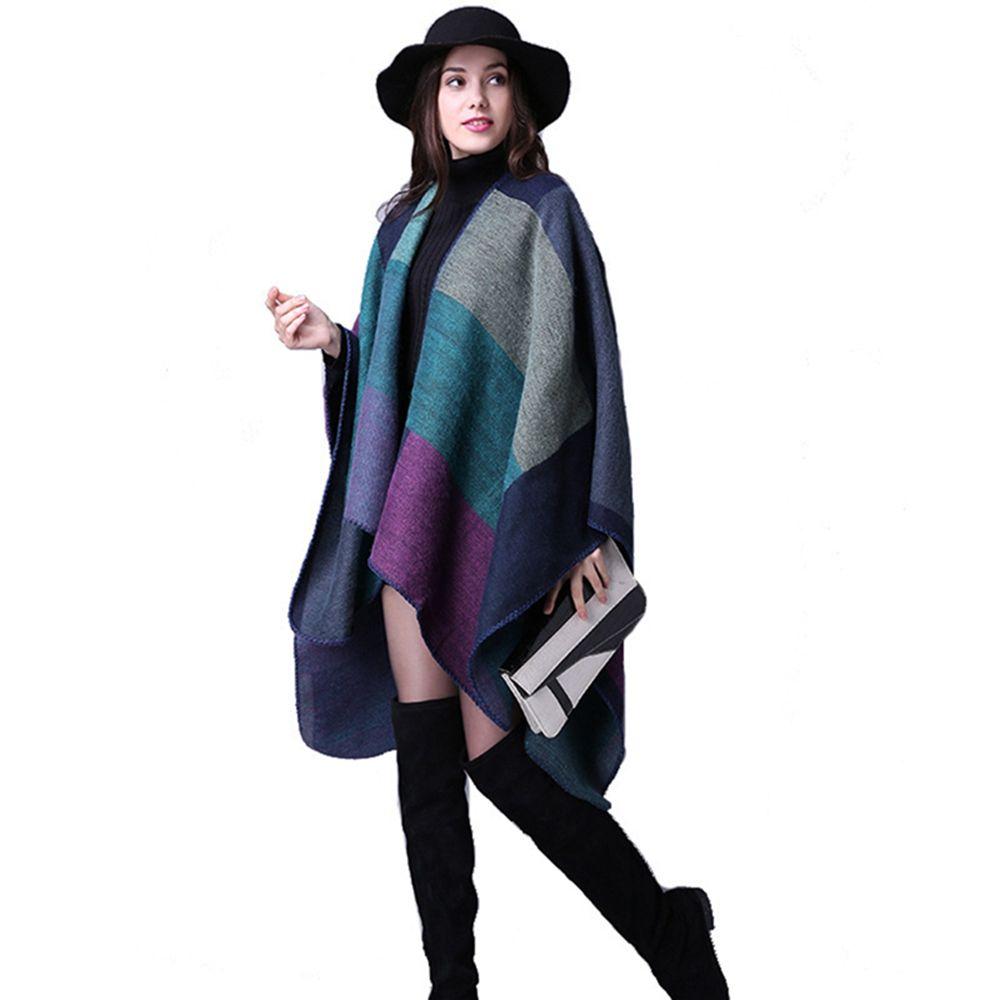 Soft New Women Cashmere Scarf Blanket Cloak Patchwork Plaid Poncho Wrap Shawl
