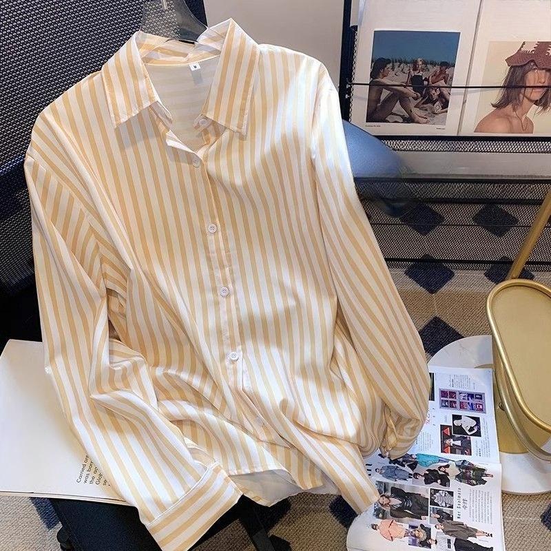 

Синяя полосатая женская рубашка с лацканами, солнцезащитная, корейская повседневная блузка с длинным рукавом, тонкая, для работы, женские рубашки на пуговицах XL жёлтый