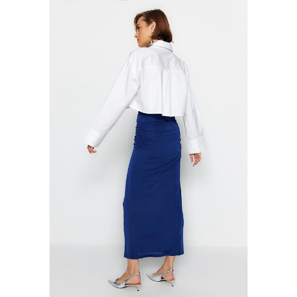Navy Blue Premium Shiny Surface And Soft Textured Draped Maxi Knitted Skirt Twoaw24et00090