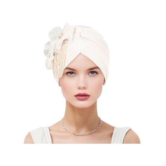 Women Headscarf Hat Imitation Pearls Flower Decor Turban Hat Solid Color Stretchable Fit Headband Sleep Hat
