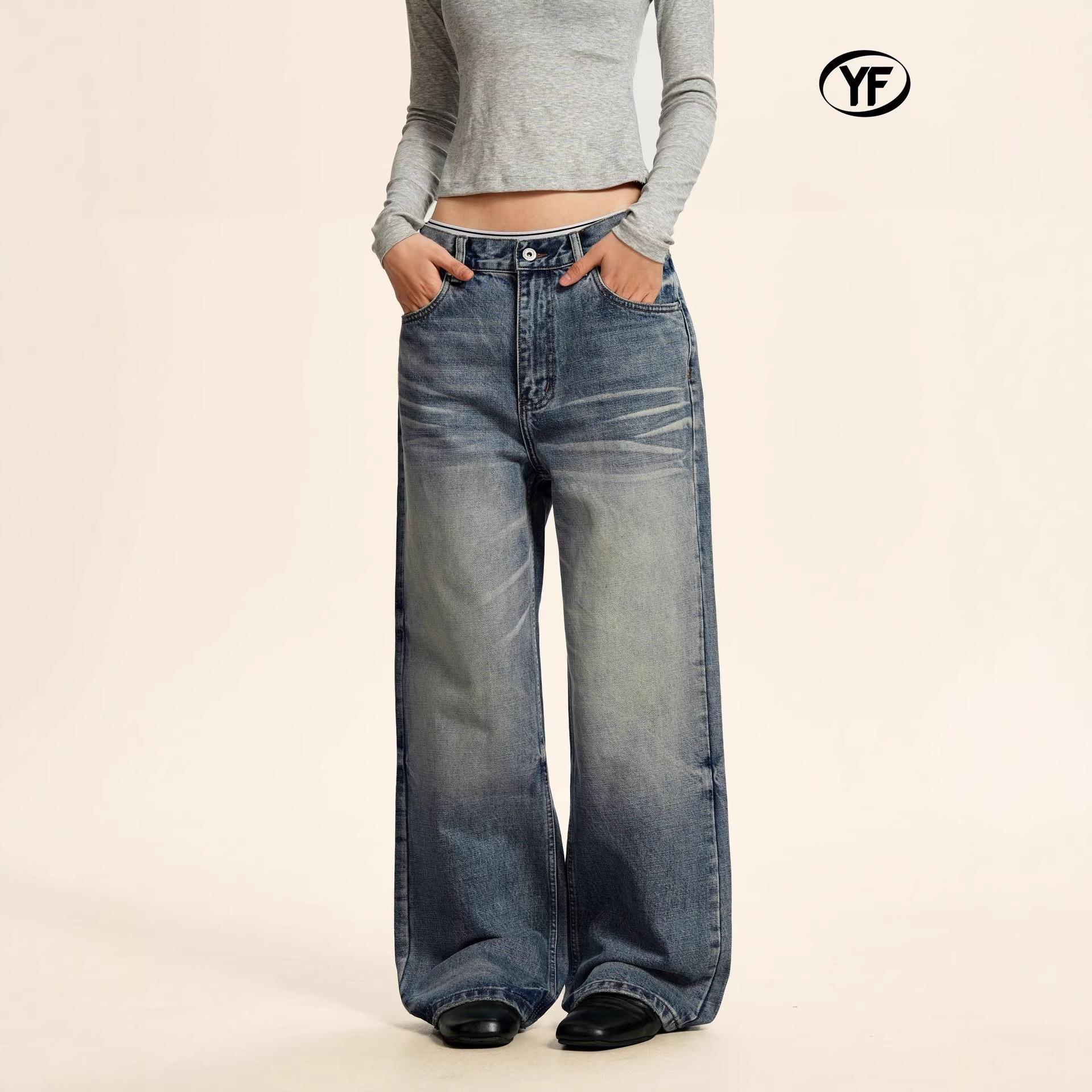 Yongfang Unisex Retro Distressed Wide-Leg Jeans with 3D Cat Whiskers Design M