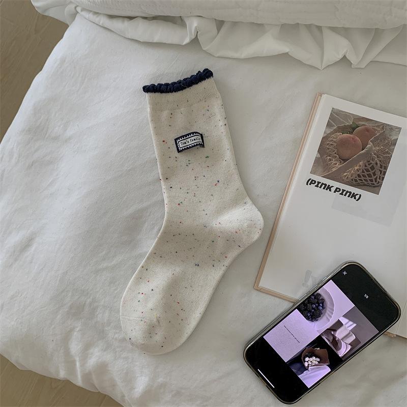 Navy Blue Series ~ Fabric Label Letter Socks, Women's Dot Yarn Contrasting Color Striped Pure Cotton Pile Socks, Mid-calf Socks