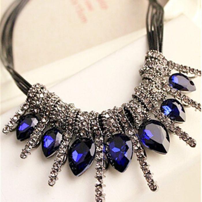Fashion Sweet Rhinestone Water Drop Leather Rope Necklace Zircon Crystal Clavicle Chain Sweater Chain Women'S Jewelry