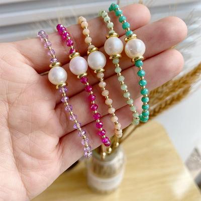 Pulseira KKBEAD de Pérolas de Água Doce e Cristal com Detalhes de Contas de Ouro 18K - Estilo Japonês e Coreano
