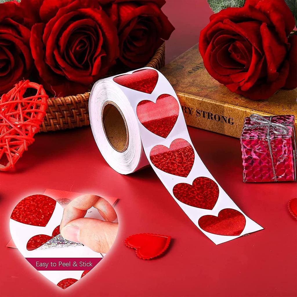 500 Pieces Valentine's Heart-Shaped Stickers Roll Glitter Heart Decorations Stickers Self-Adhesive Love Roll Stickers for Valentine, Anniversary, Wedd