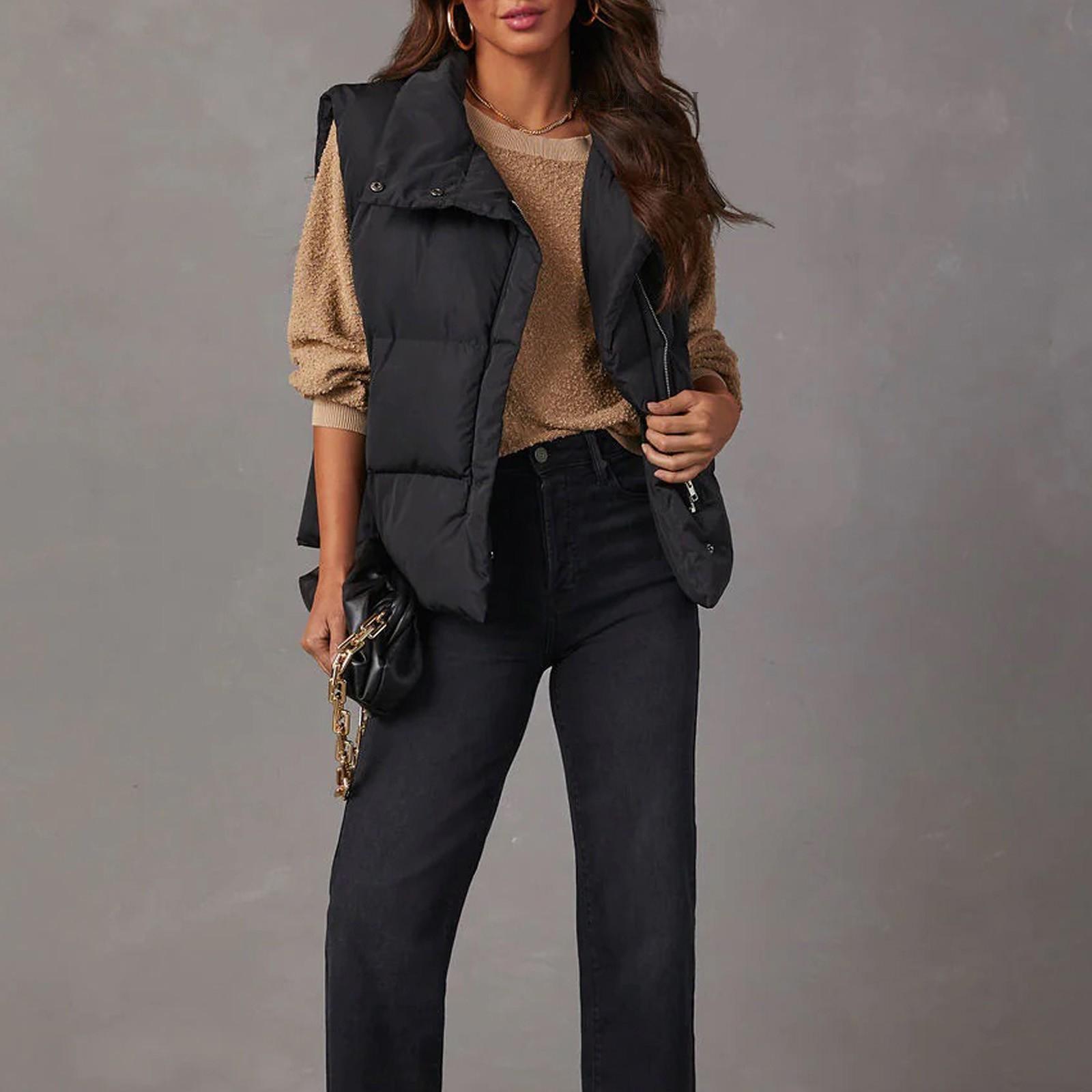 

И Зимний однотонный хлопковый жилет, куртка с воротником-стойкой, без рукавов, повседневный жилет, жилет, куртка для женщин L чёрный