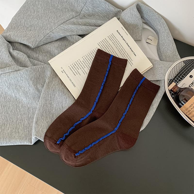 Autumn Eye-Catching Color Matching, Retro Contrasting Simple Style, Side Striped Thin Cotton Socks, Breathable Mid-Tube Trendy Socks кофейный