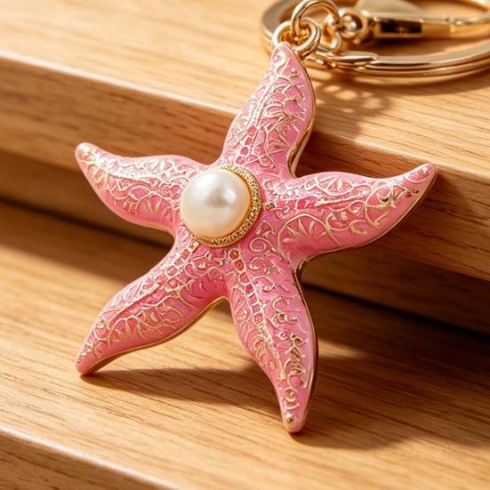 Keychain Pendant Starfish Design Zinc Alloy Key Chain with Imitation Pearl Inlaid Anti-Oxidation Lobster Clasp Key Pendant