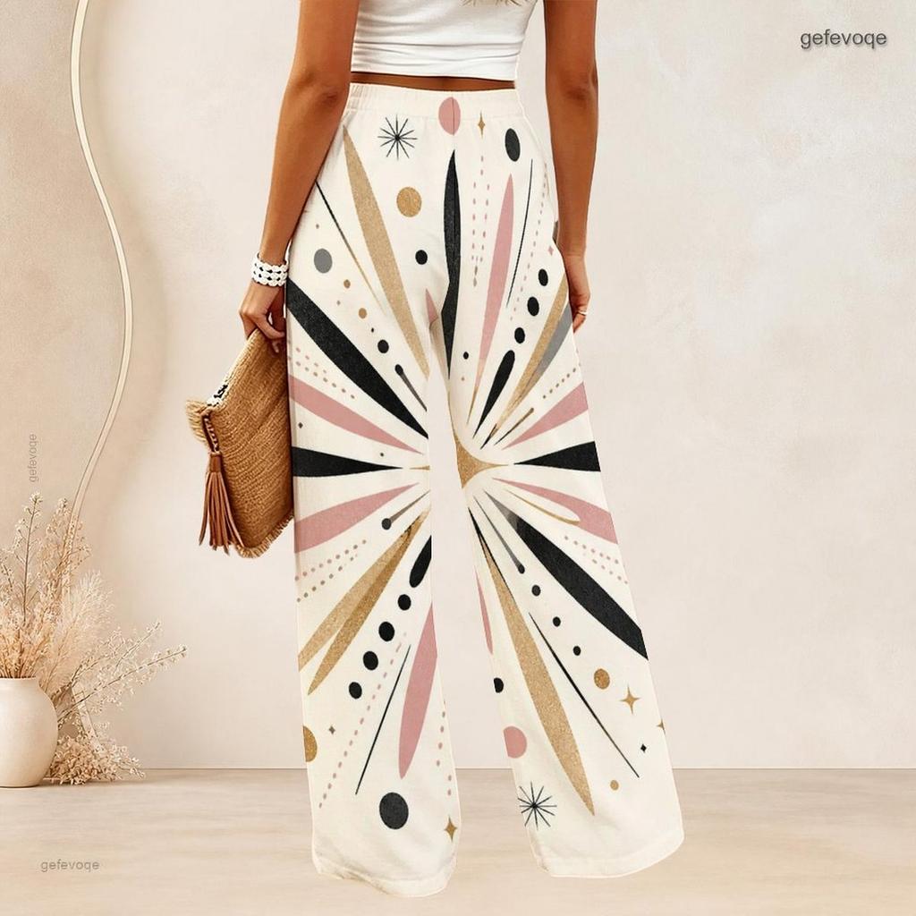 Women Plus Size Loose Wide Leg Long Pants Exquisite Gem Star Print Elastic High Waist Casual Trousers For Daily Beach Vacation Wear