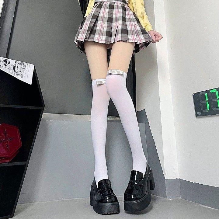 White Silk Bow Stockings For Women Japanese JK Over-the-knee Stockings Sexy Lace High Thigh Fishnet Stockings
