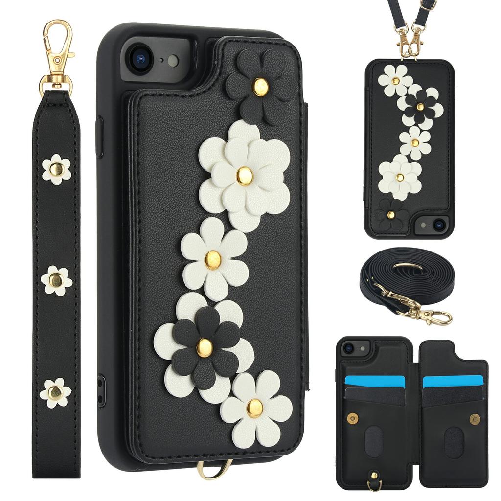 SY-001 For iPhone 16e Case Card Slots Leather Coated TPU Flower Phone Cover