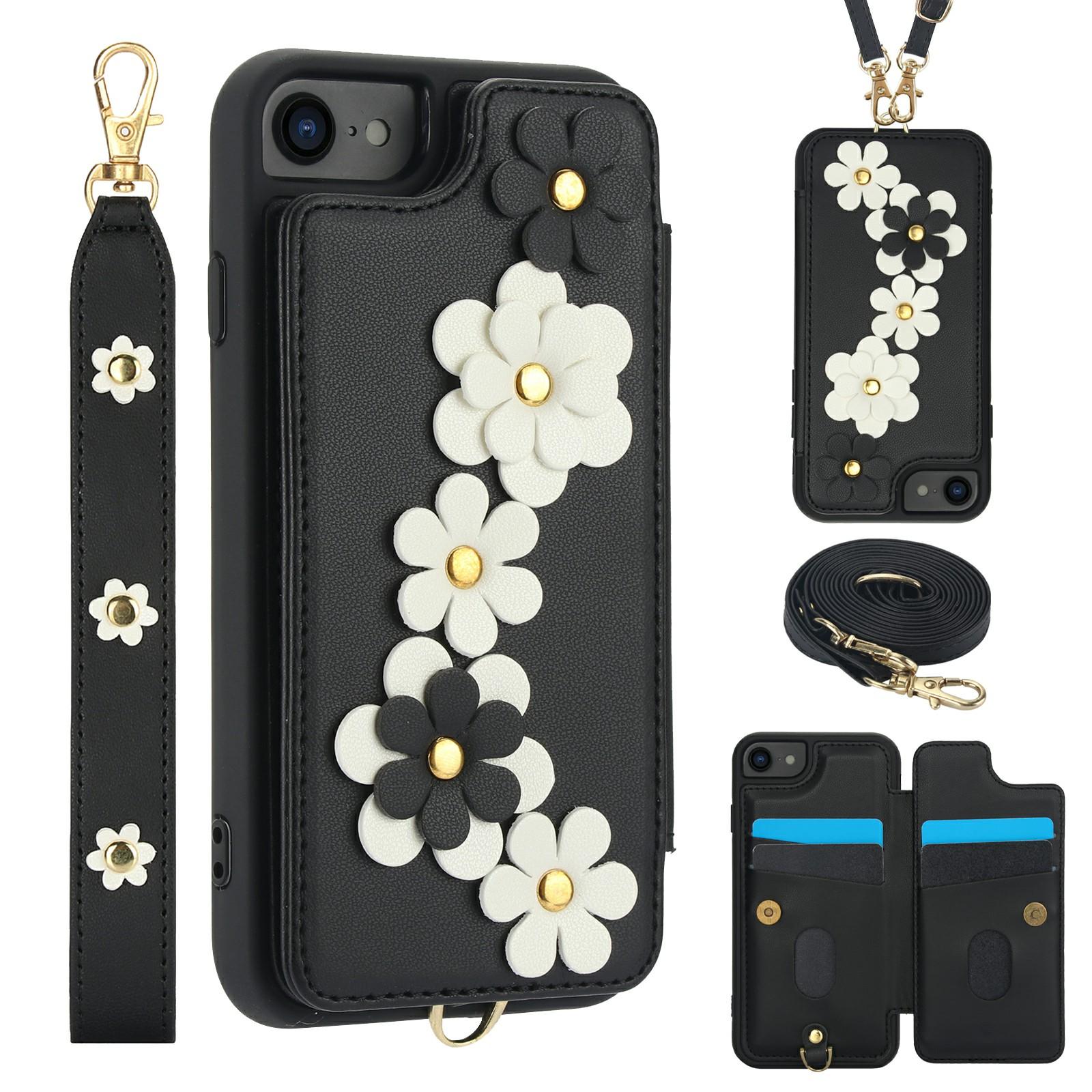 

SY-001 For iPhone 16e Case Card Slots Leather Coated TPU Flower Phone Cover Black