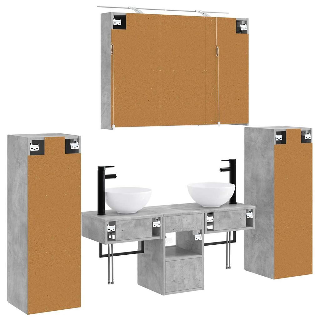 6 Piece Bathroom Furniture Set Concrete Grey Engineered Wood and Glass