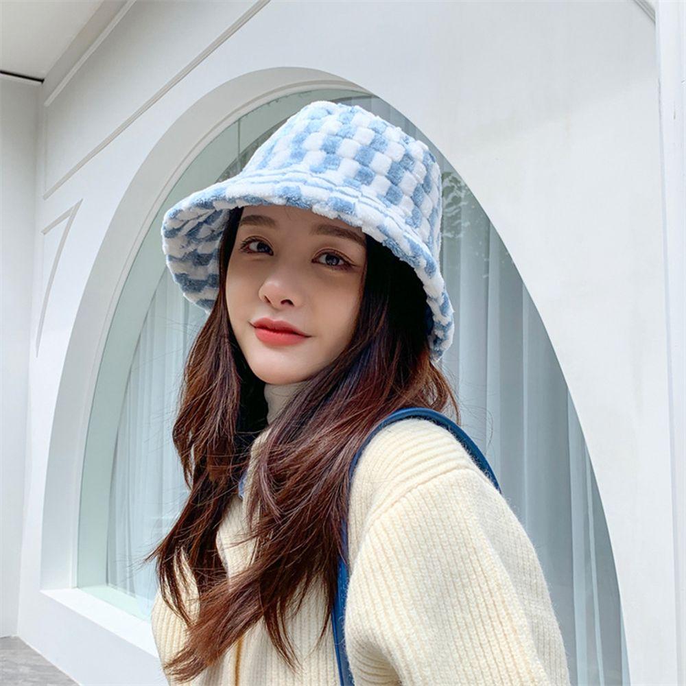 

Women Autumn and Winter Lambswool Wool Bucket Hat Female Hats Korean Style Caps Checkerboard Hat