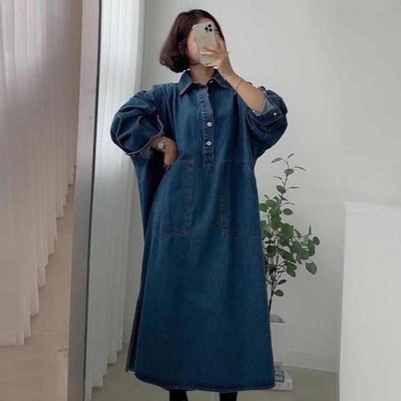 Retro Chic Lazy Long Sleeve Denim Dress Loose Casual  Women's Maxi Drress