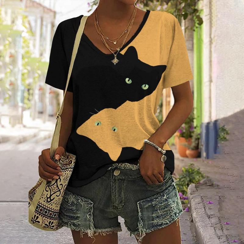 Women's T Shirt Summer Cat print Casual Short Sleeve V-Neck Tee Fashion Streetwear Female Oversized Clothing