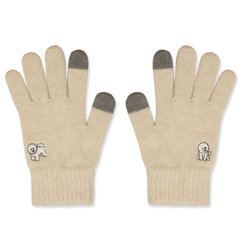 SNOOZY Bichon Frise Embroidered Wool Knit Gloves Cream Beige