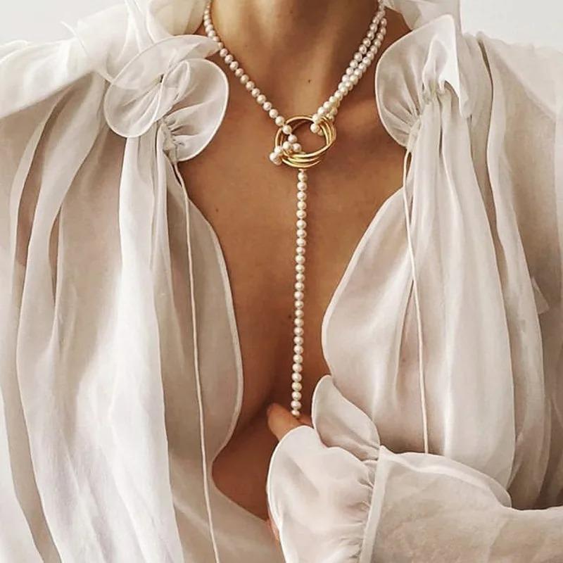 Long Vintage Pearl Pendant Necklace for Women Elegant Beaded Long Tassel Sweater Collar Chain Temperament Fashion Jewelry
