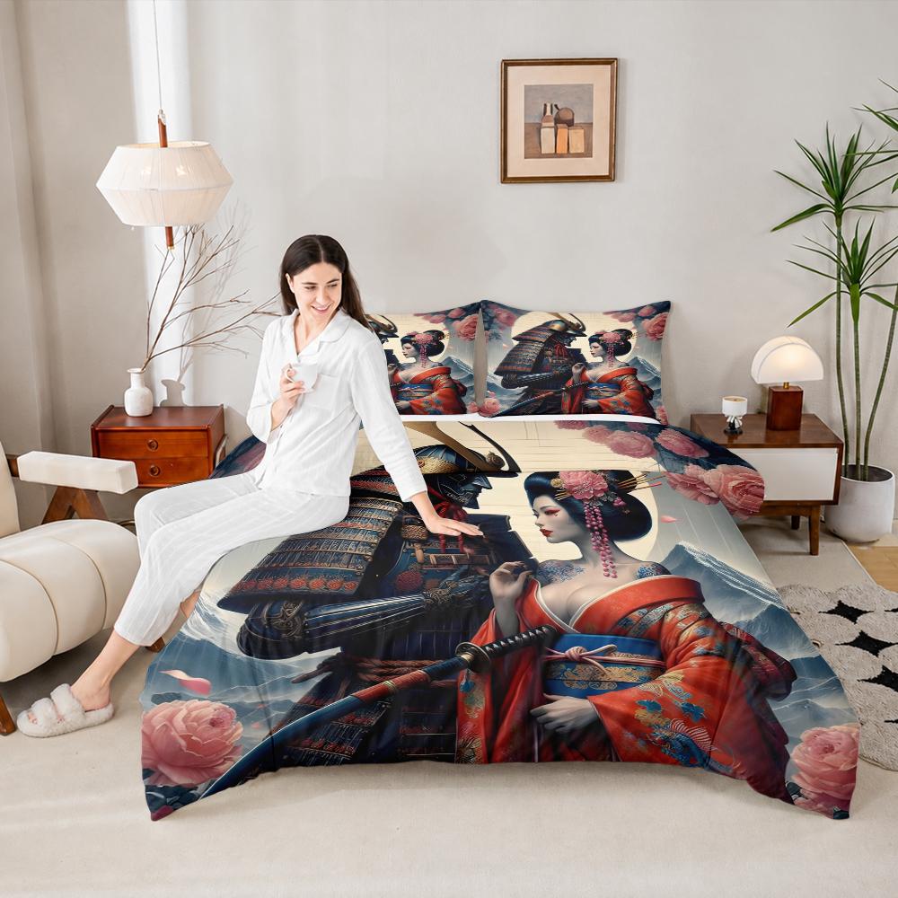 Japanese Samurai and Geisha Duvet Cover Set 3 Piece Ukiyo-e Art Peony Bedding Set Katana Kimono for Adults Bedroom Decor