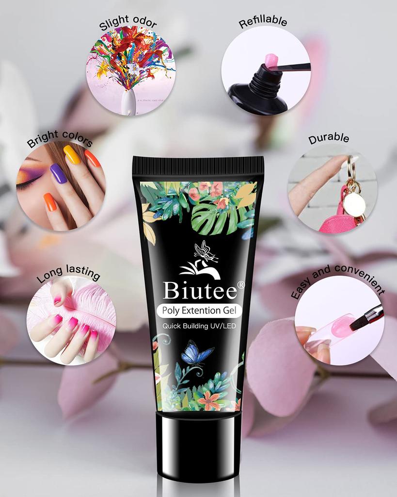 Biutee Poly Gel Glow Nail Gel 8 colors to choose includes nail extension model nail base top nail and 60 nail Includes nail extension model nail