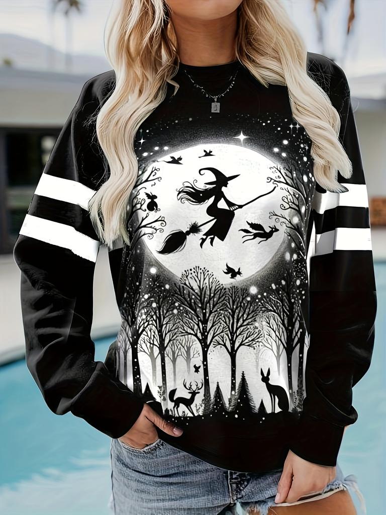 Vintage Women's Long Sleeve T-shirts Halloween Theme Witch Pattern Streetswear Polyester Tops Casual Pullover Women's Clothing