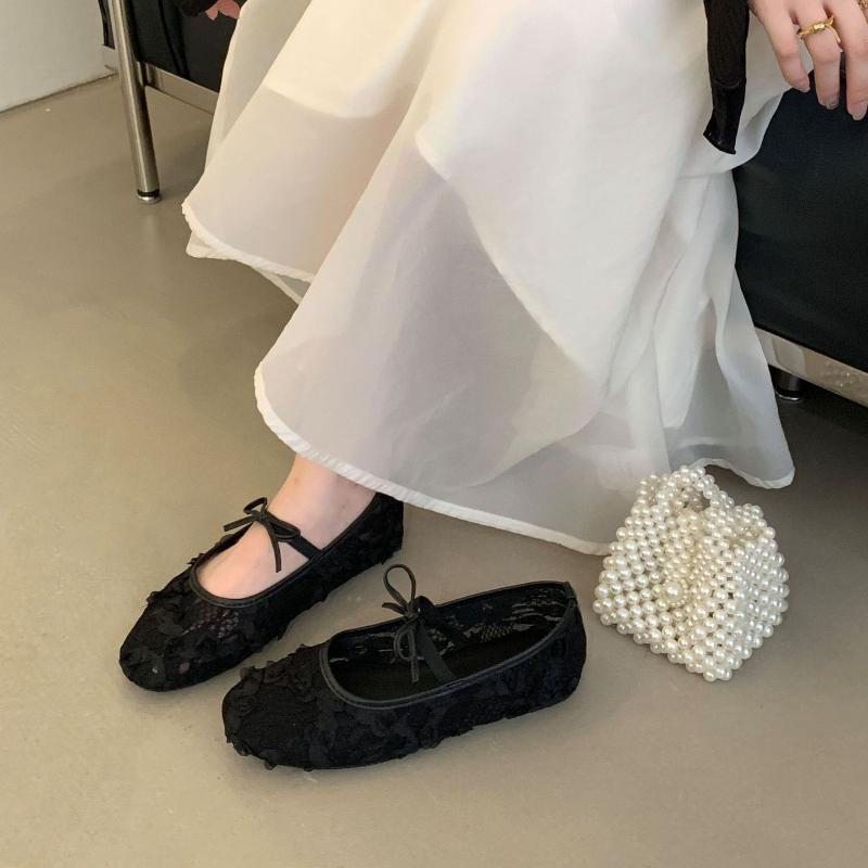 Fashion Elegant Lace Mesh Design Brand Ballet Flats Women Sweet Bow Round Toe Mary Jane Shoes Fashion Comfortable Summer Casual Shoes