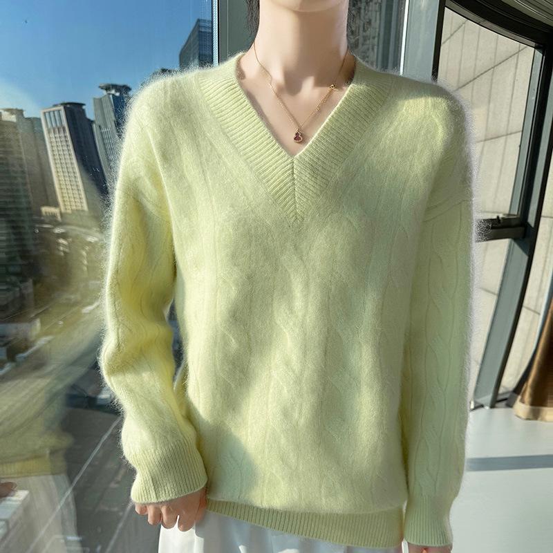 Lekasha 100% Cashmere V-Neck Loose Knit Sweater for Women - Solid Color Winter Base Layer Top