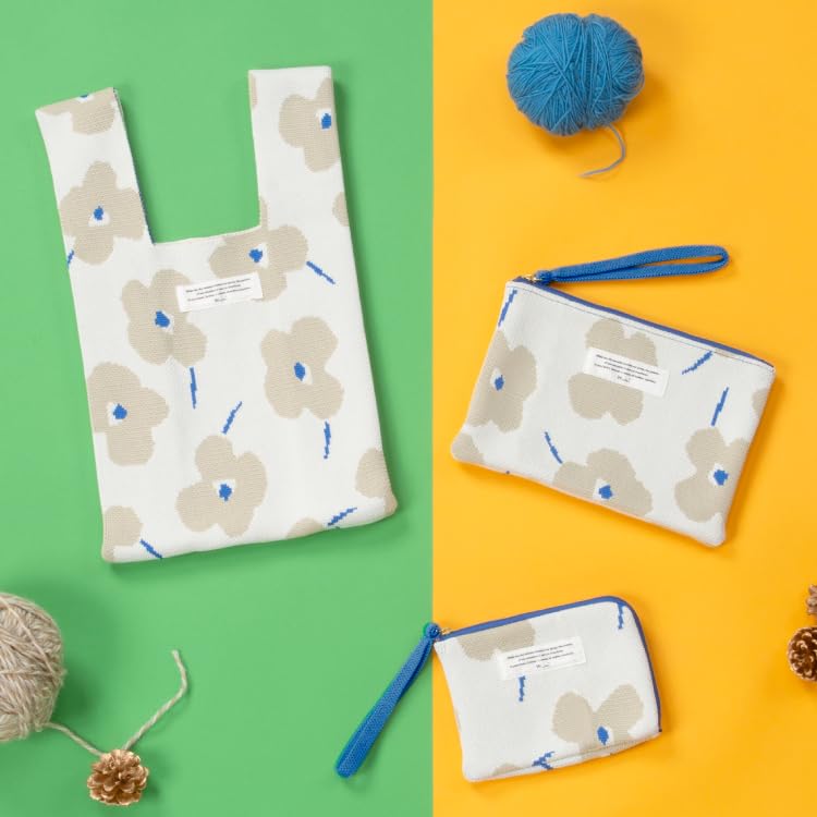 Patterns Knitted Flat Pouch Flower and Bird Blue Machine Washable Floral Pattern Stylish Cute Cosmetic Pouch Small Item Case Commuting to Work or