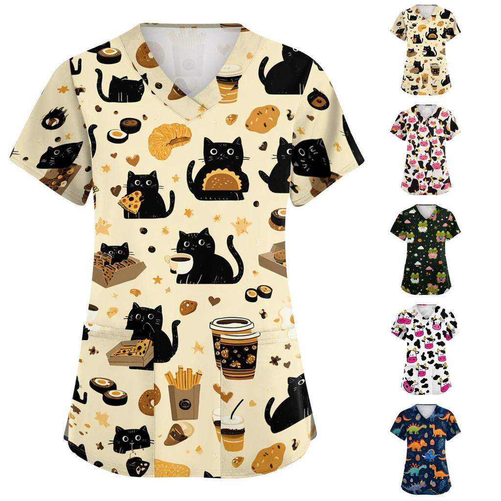 Camicia da Lavoro da Donna con Scollo a V e Maniche Corte con Tasche Stampa Cartone Animato Top da Medico per Professionisti Sanitari Vestibilità Comoda Tessuto Resistente