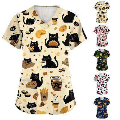 Women V Neck Short Sleeve Work Shirt with Pockets Cartoon Print Medical Scrub Top for Healthcare Professionals Comfortable Fit Durable Fabric