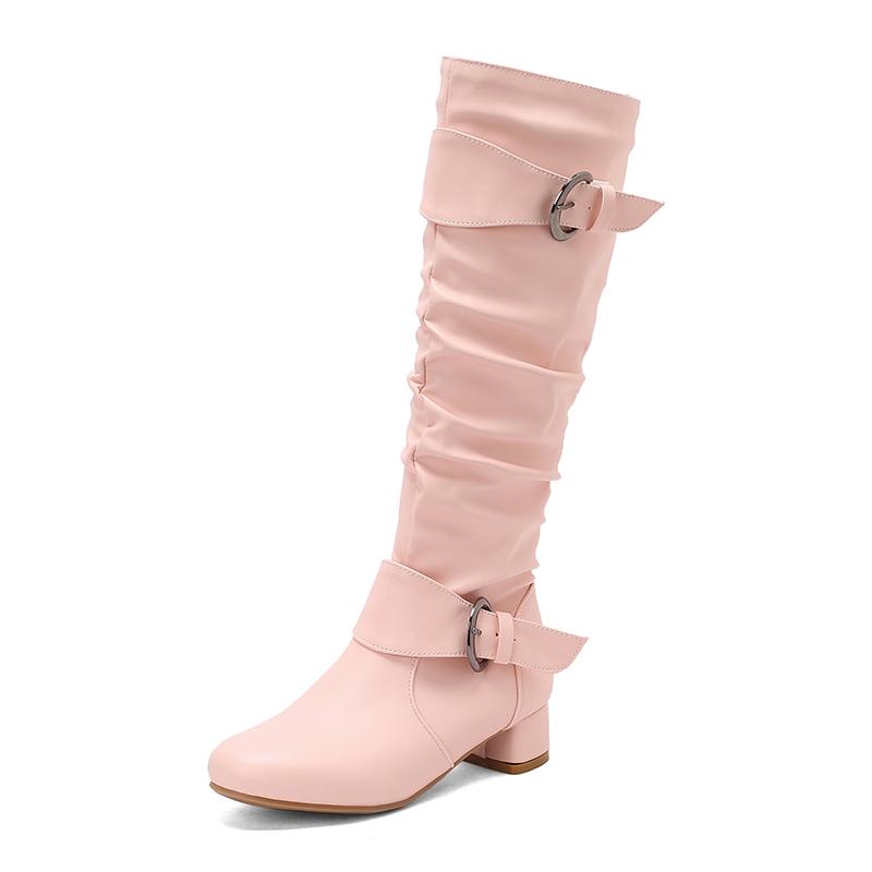 Classic Women Knee High Boots Ankle strap Buckle Round Toe Block Heels Size 34-48 Pleated Fashion Booties Autumn Winter New