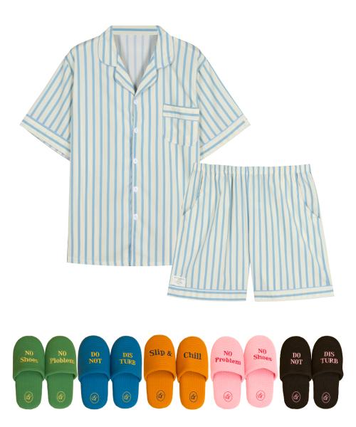 

[Dossy] Silk-fit Pure Short-sleeve Shorts Pajama Set + Waffle Room Shoes [Shipped from Korea] 100% Authentic M Green M