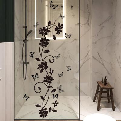 Black Floral Butterfly Wall Sticker for Bathroom Door Sticker Bathtub Bedroom Background Self-Adhesive DIY Wall Decals Art Mural