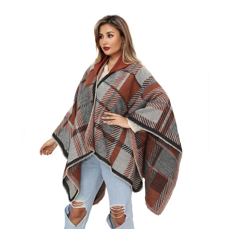Acrylic Split Shawl Women'S Fashion Thickened Hat Cape Plaid Scarf
