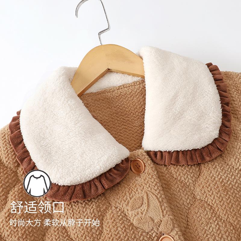 Flannel Pajamas Women'S Winter Fleece Thickened Three-Layer Coral Fleece Padded Cotton Warm Loungewear Set Autumn And Winter