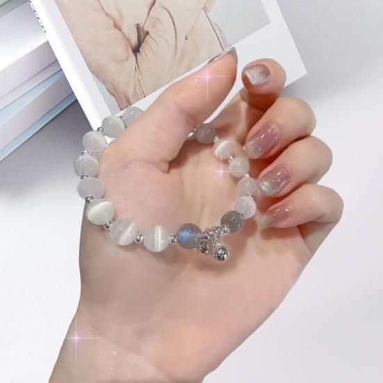 Brățară pentru femei, margele de sticlă, pandantiv cu clopoțel, frânghie elastică netedă, gradient reglabil, faux opal, bijuterii pentru încheietura mâinii, cadou de zi de naștere