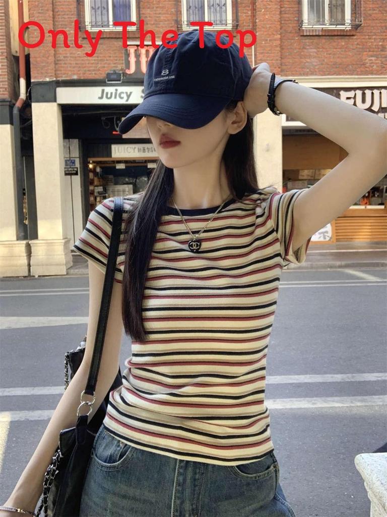 Striped Colorblock Slim Fit Cotton Short Sleeve T Shirt For Summer Casual Wear