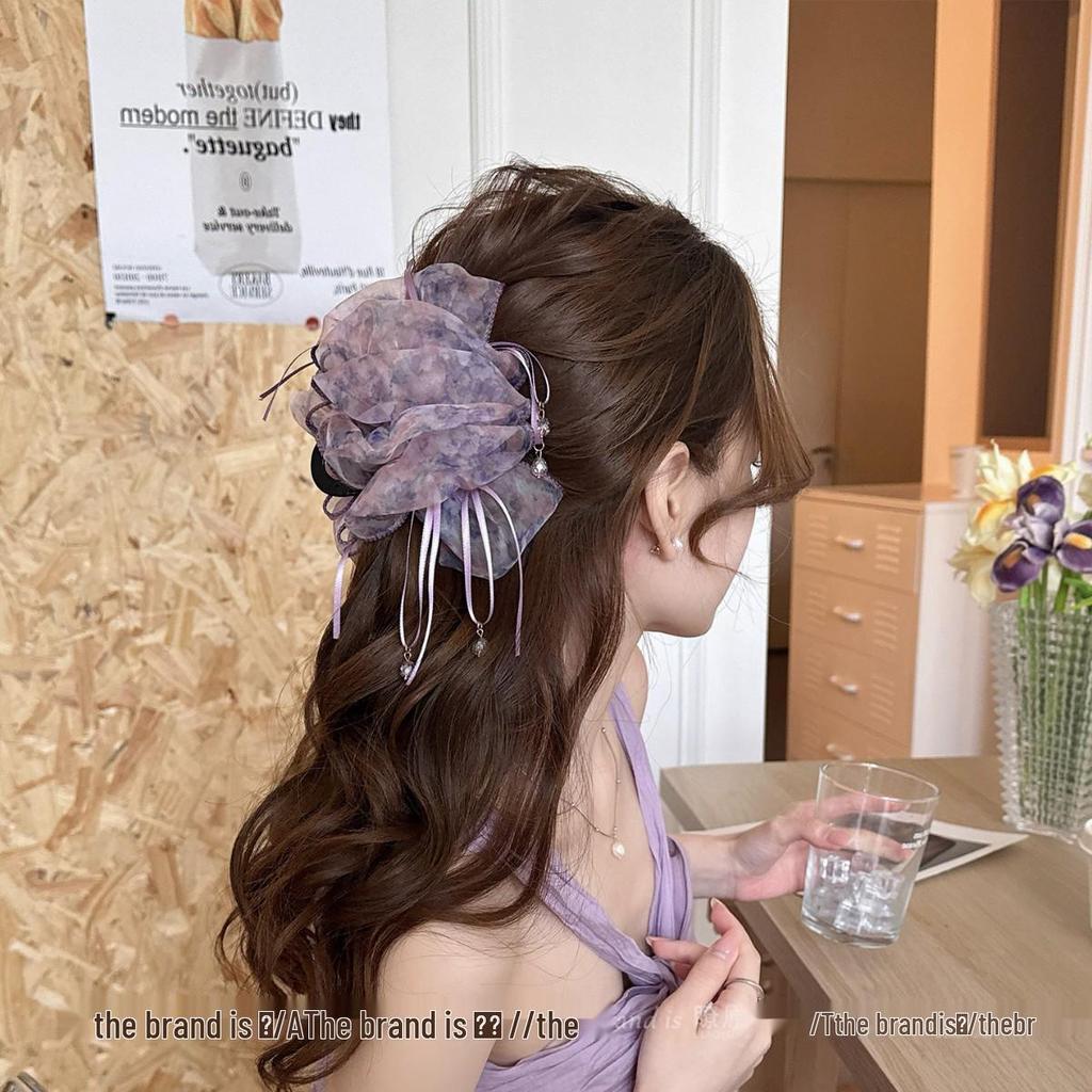 Fluffy Bubble Gauze Large Claw Clip for Women - Thin, High-End Style Shark Hair Bun Clip