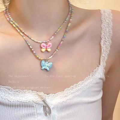 Simple Color Gradual Change Painted Butterfly Beaded Necklace Women's Fashion Temperament High Sense Sweet Cool Wind Versatile Collarbone Chain