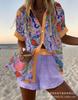 Summer European and American Women's Clothing Bamboo Hemp 1D Digital Printing Short-sleeved Shirt Beach Shorts Casual Two-piece Set