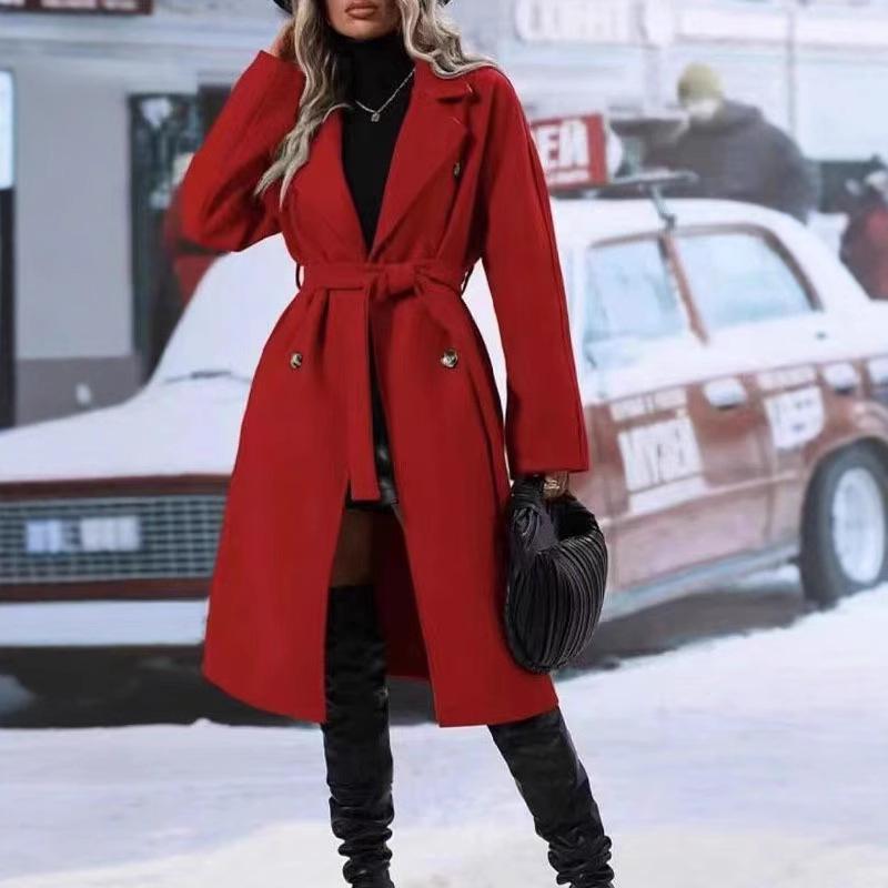 Women's Double-Breasted Wool Trench Coat with Dragon & Phoenix Design