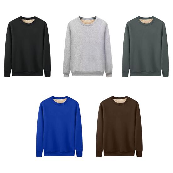 Men Fleece Lined Sweatshirt Long Sleeve Round Neck Thickened Pullover Warm Fall Winter Casual Sweatshirt for Street Work Daily Errands