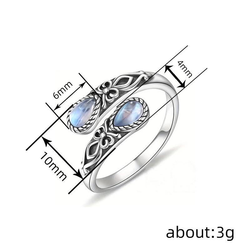 Fashionable Retro European Ring for Women, Open Water Droplets Imitation Moonstone, Popular Ethnic Jewelry
