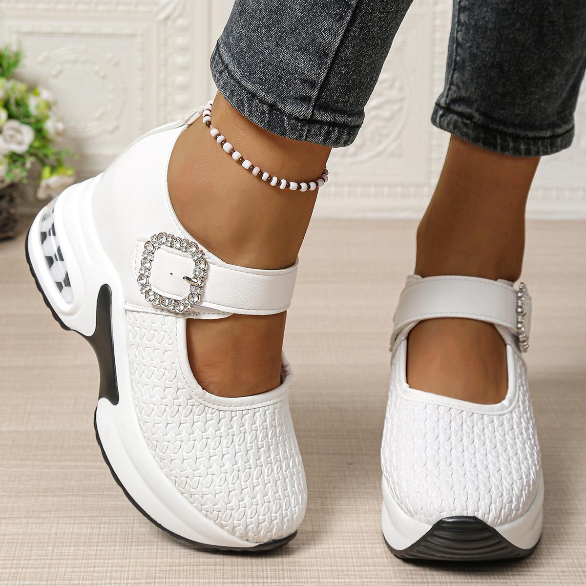 

Large size slope heel single shoes platform muffin rhinestone air cushion casual sports Velcro Mary Jane shoes 43 білий