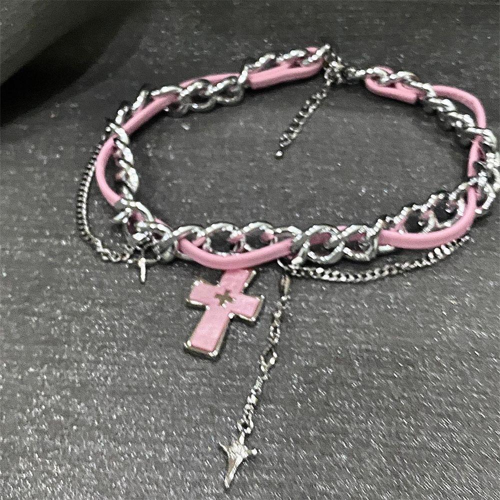 Harajuku Y2K Millennium‑Style Sweet‑Cool Women Collarbone Chain, Love‑Pendant Splicing‑Chain Punk‑Hip‑Hop Ins‑Vibe Pink Necklace Accessories